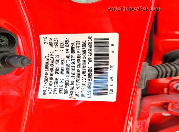 2HGFC2F65KH560895 2019 HONDA CIVIC Red Вид наклейки з VIN-кодом