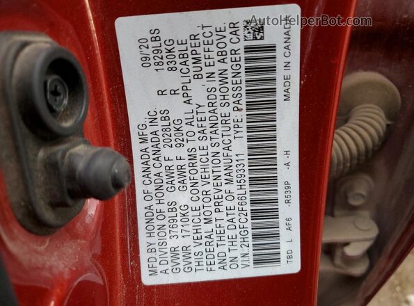 2HGFC2F66LH593311 2020 HONDA CIVIC Красный Вид подкапотного пространства
