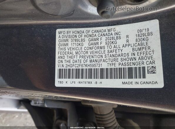 2HGFC2F67KH595731 2019 HONDA CIVIC Gray Widok komory silnika