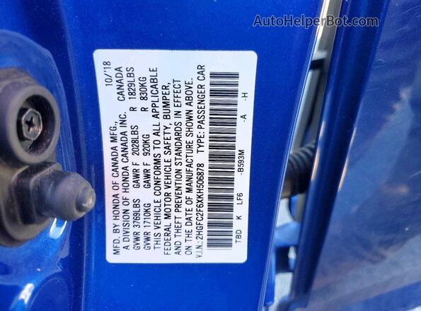 2HGFC2F6XKH506878 2019 HONDA CIVIC Blue Vista de la etiqueta del VIN