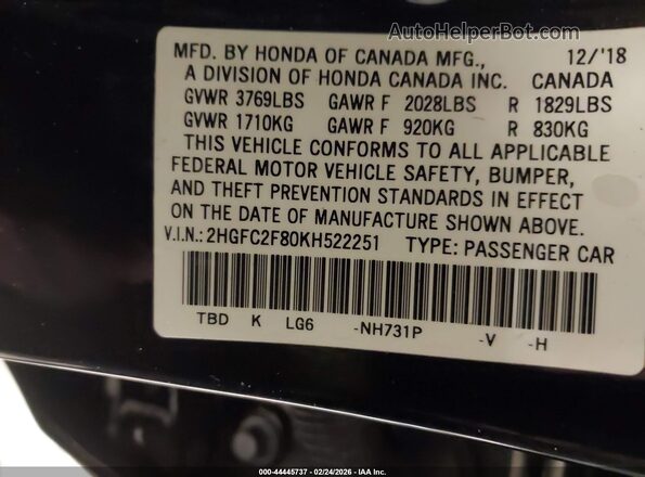 2HGFC2F80KH522251 2019 HONDA CIVIC Black Engine compartment view