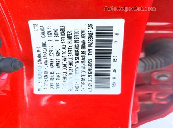 2HGFC2F82KH510229 2019 HONDA CIVIC Red Vista del compartimento del motor