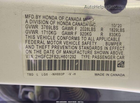 2HGFC2F82LH601292 2020 HONDA CIVIC White Widok komory silnika