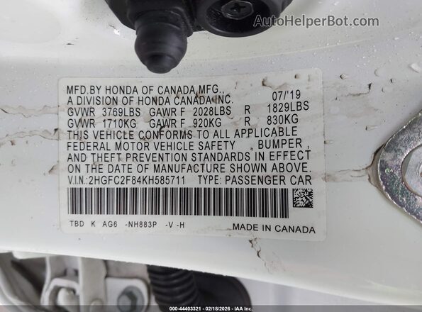2HGFC2F84KH585711 2019 HONDA CIVIC Белый Вид подкапотного пространства