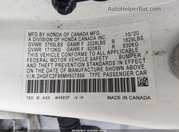 2HGFC2F86MH507899 2021 HONDA CIVIC White Vista del compartimento del motor