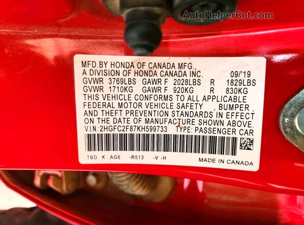 2HGFC2F87KH599733 2019 HONDA CIVIC Red ძრავის განყოფილების ხედი