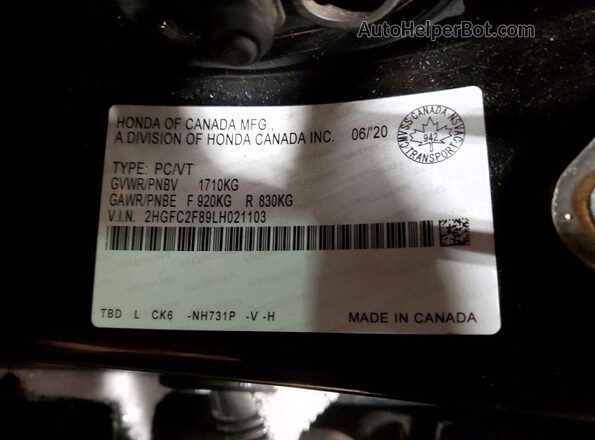 2HGFC2F89LH021103 2020 HONDA CIVIC Black Вид підкапотного простору