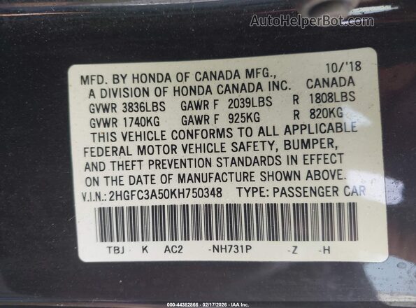 2HGFC3A50KH750348 2019 HONDA CIVIC SI Черный Вид подкапотного пространства