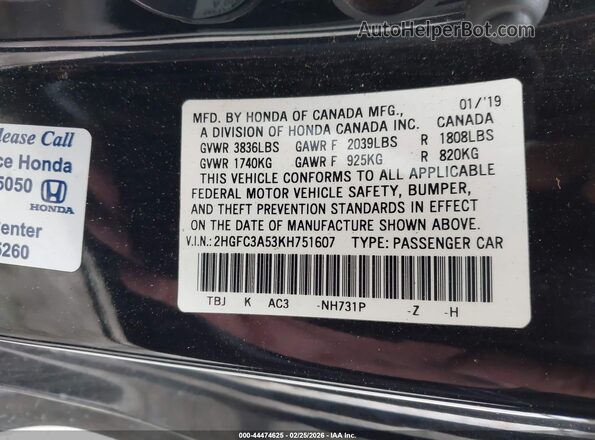 2HGFC3A53KH751607 2019 HONDA CIVIC SI Черный Вид подкапотного пространства