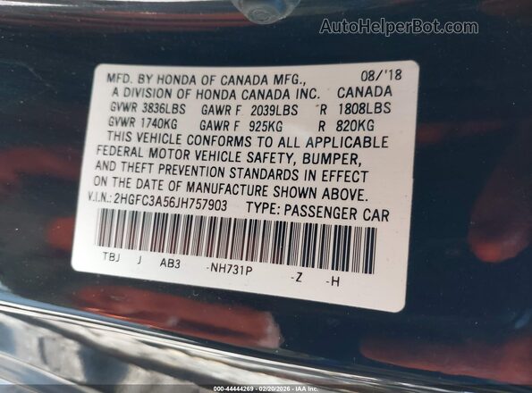 2HGFC3A56JH757903 2018 HONDA CIVIC Black Vista del compartimento del motor