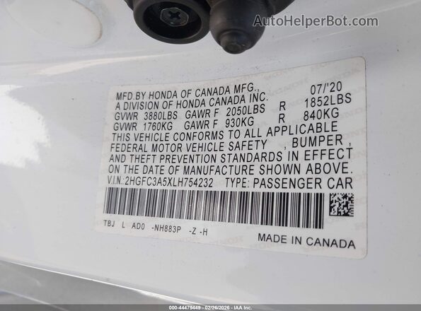 2HGFC3A5XLH754232 2020 HONDA CIVIC SI Белый Вид подкапотного пространства