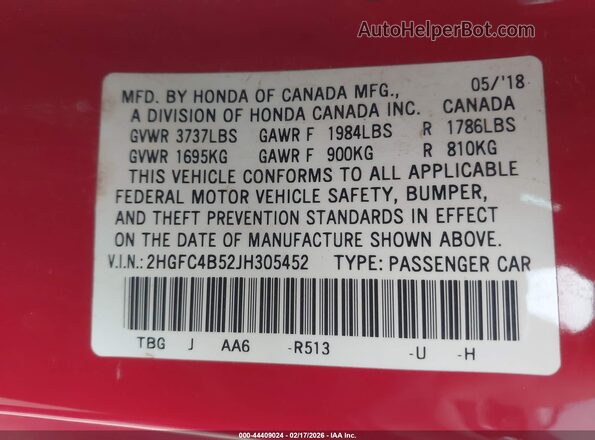 2HGFC4B52JH305452 2018 HONDA CIVIC Red ძრავის განყოფილების ხედი