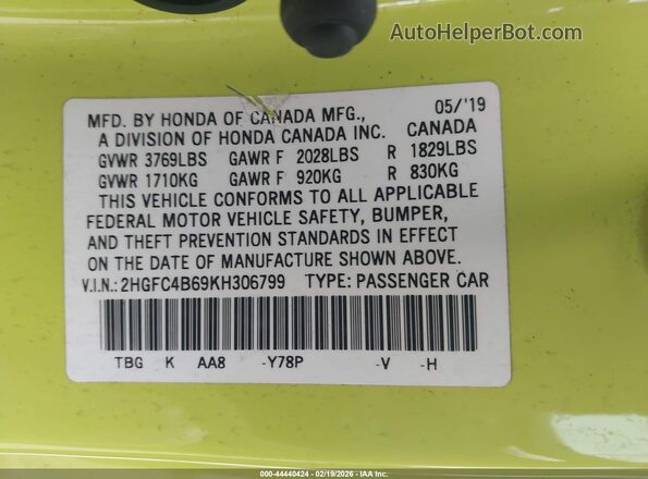 2HGFC4B69KH306799 2019 HONDA CIVIC Green ძრავის განყოფილების ხედი