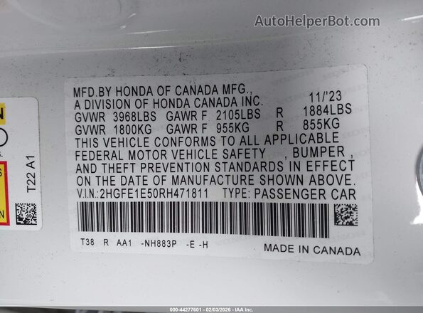 2HGFE1E50RH471811 2024 HONDA CIVIC SI Белый Вид подкапотного пространства