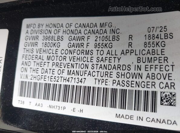 2HGFE1E52TH471347 2026 HONDA CIVIC SI Черный Вид подкапотного пространства