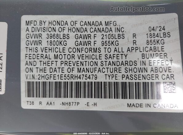 2HGFE1E55RH475479 2024 HONDA CIVIC SI Серый Вид подкапотного пространства