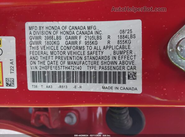 2HGFE1E57TH472140 2026 HONDA CIVIC SI Красный Вид подкапотного пространства