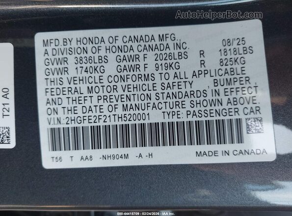 2HGFE2F21TH520001 2026 HONDA CIVIC Серый Вид подкапотного пространства