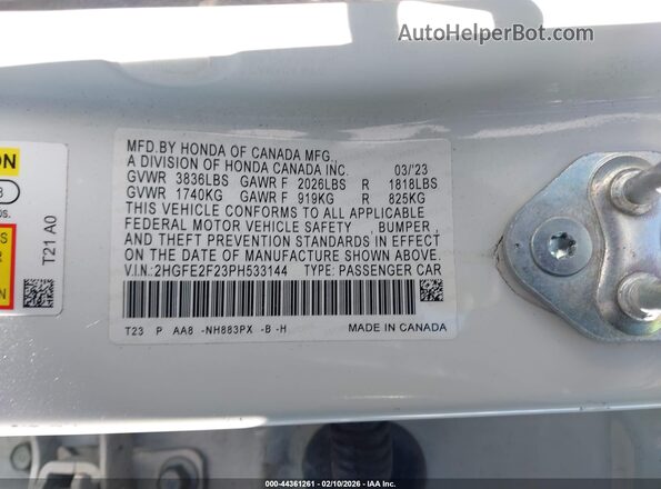 2HGFE2F23PH533144 2023 HONDA CIVIC Белый Вид подкапотного пространства
