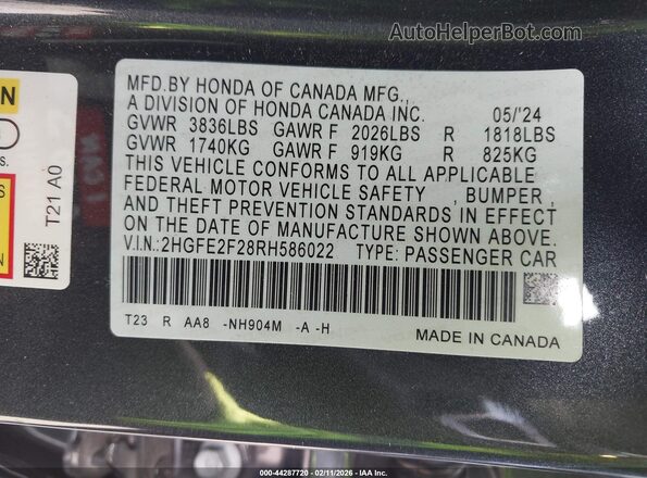 2HGFE2F28RH586022 2024 HONDA CIVIC Gray Widok komory silnika