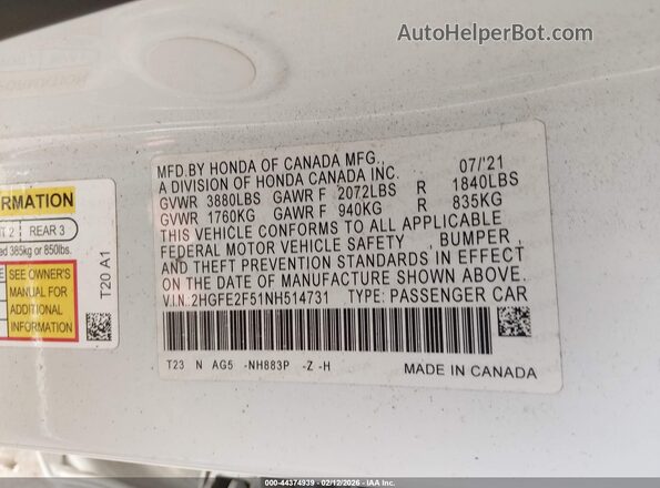 2HGFE2F51NH514731 2022 HONDA CIVIC Белый Вид подкапотного пространства