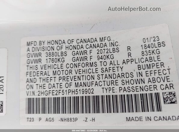 2HGFE2F51PH519902 2023 HONDA CIVIC White ძრავის განყოფილების ხედი