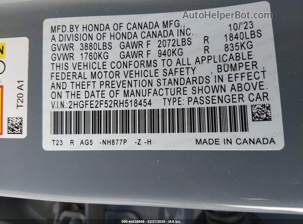 2HGFE2F52RH518454 2024 HONDA CIVIC Blue Engine compartment view