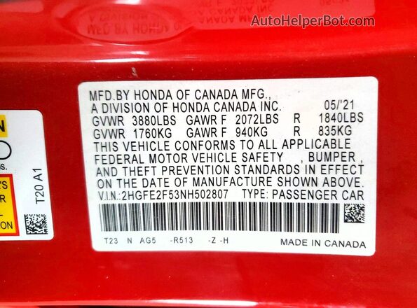 2HGFE2F53NH502807 2022 HONDA CIVIC Red Vista del compartimento del motor