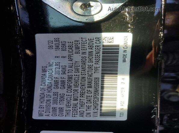 2HGFE2F55NH599508 2022 HONDA CIVIC Black Vista del compartimento del motor