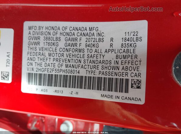 2HGFE2F55PH508014 2023 HONDA CIVIC Красный Вид подкапотного пространства