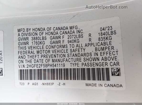 2HGFE2F58PH541119 2023 HONDA CIVIC Белый Вид подкапотного пространства