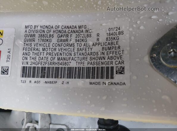 2HGFE2F5XRH549807 2024 HONDA CIVIC White ძრავის განყოფილების ხედი