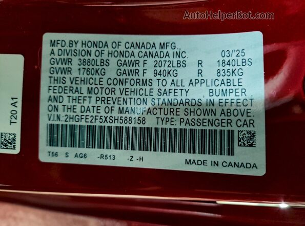 2HGFE2F5XSH588158 2025 HONDA CIVIC Red Vista de la etiqueta del VIN
