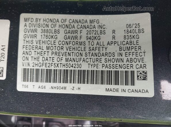 2HGFE2F5XTH504230 2026 HONDA CIVIC Gray Widok komory silnika