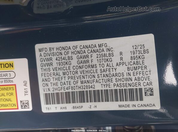 2HGFE4F80TH328942 2026 HONDA CIVIC HYBRID Синий Вид подкапотного пространства