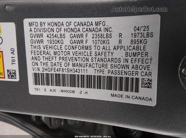 2HGFE4F81SH343111 2025 HONDA CIVIC HYBRID Серебряный Вид подкапотного пространства