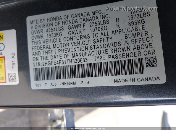 2HGFE4F81TH330683 2026 HONDA CIVIC HYBRID Black Widok komory silnika