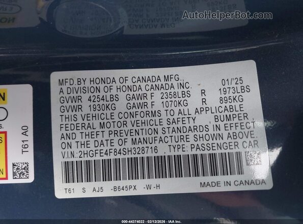 2HGFE4F84SH328716 2025 HONDA CIVIC HYBRID Blue ძრავის განყოფილების ხედი