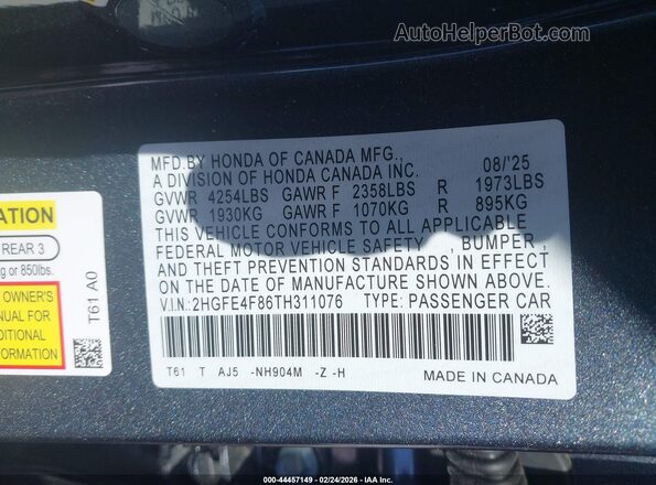 2HGFE4F86TH311076 2026 HONDA CIVIC HYBRID Gray Widok komory silnika