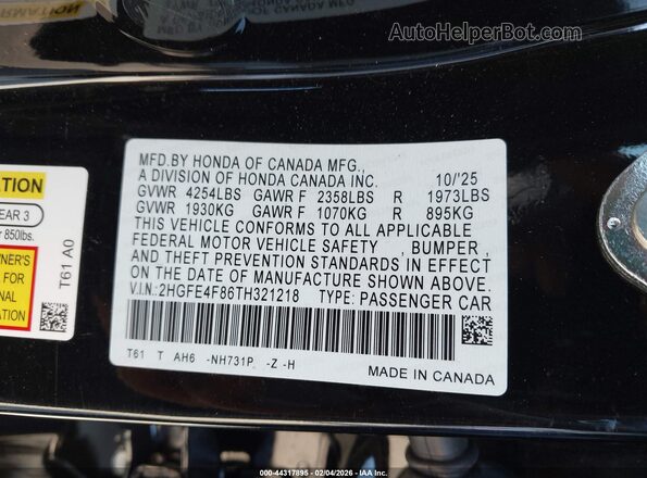 2HGFE4F86TH321218 2026 HONDA CIVIC HYBRID Черный Вид подкапотного пространства