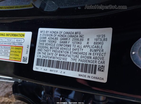 2HGFE4F86TH321932 2026 HONDA CIVIC HYBRID Черный Вид подкапотного пространства