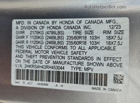 2HKRS4H43RH453044 2024 HONDA CR-V Silver Widok wnętrza 360 stopni