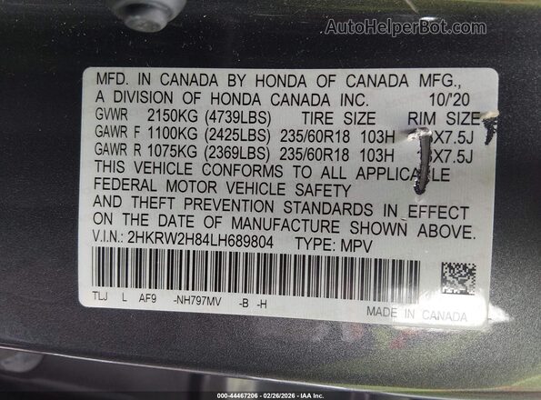 2HKRW2H84LH689804 2020 HONDA CR-V Gray Widok komory silnika