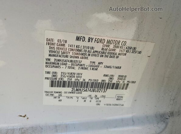 2LMHJ5AT4JBL02137 2018 LINCOLN MKT White Вид наклейки з VIN-кодом