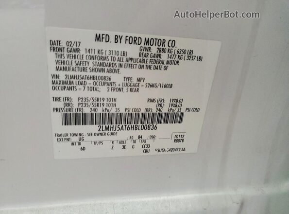 2LMHJ5AT6HBL00836 2017 LINCOLN MKT Белый Вид наклейки с VIN-кодом