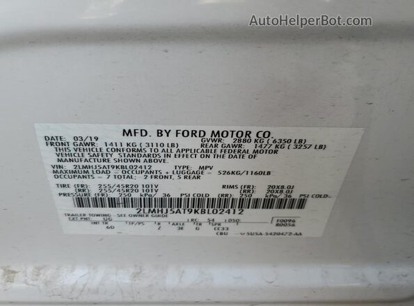 2LMHJ5AT9KBL02412 2019 LINCOLN MKT Белый Вид наклейки с VIN-кодом