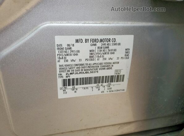 2LMPJ6JRXJBL50375 2018 LINCOLN MKX Silver Vista de la etiqueta del VIN
