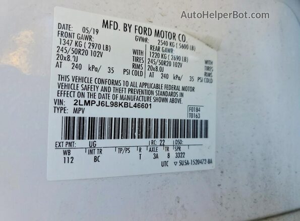 2LMPJ6L98KBL46601 2019 LINCOLN NAUTILUS White Вид підкапотного простору