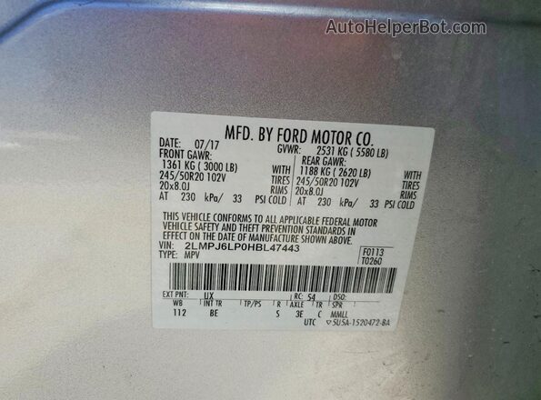 2LMPJ6LP0HBL47443 2017 LINCOLN MKX Silver VIN sticker view
