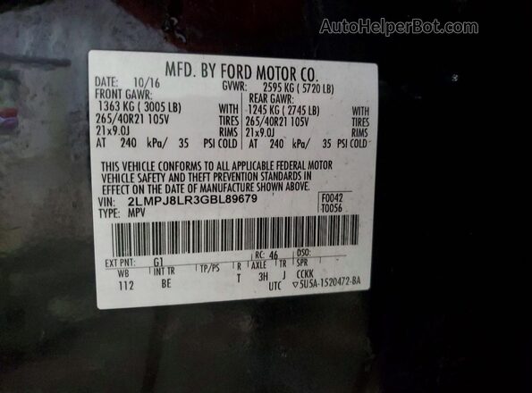 2LMPJ8LR3GBL89679 2016 LINCOLN MKX Black VIN კოდის სტიკერის ხედი